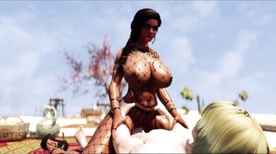 Curvy Bronze Whore in Fishnets Seduces Dragonborn on the Beach