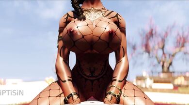 Curvy Bronze Whore in Fishnets Seduces Dragonborn on the Beach