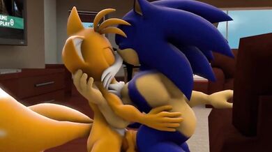 Tails, the fox, and Sonic the Hedgehog engage in some passionate sexual intercourse while being watched by a mysterious figure
