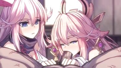 Hentai Maid Yae Miko and Yae Sakura Giving Blowjobs Together [LaoMeng]