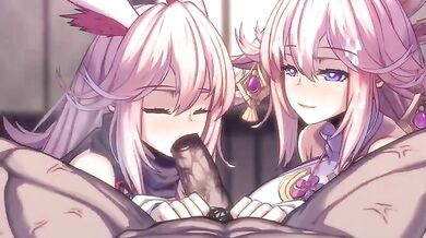 Hentai Maid Yae Miko and Yae Sakura Giving Blowjobs Together [LaoMeng]