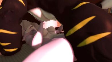 A young girl named Blaze is being pleasured by two men at once while wearing a dradicon costume, resulting in an explosive climax