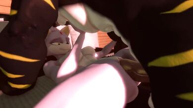 A young girl named Blaze is being pleasured by two men at once while wearing a dradicon costume, resulting in an explosive climax