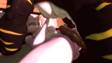 A young girl named Blaze is being pleasured by two men at once while wearing a dradicon costume, resulting in an explosive climax