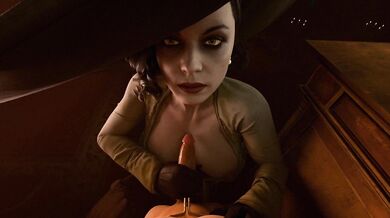 The seductive Alcina Dimitrescu gets herself in the mood by giving a hand job to her lover