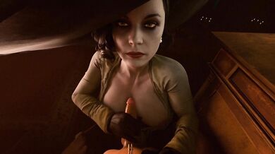 The seductive Alcina Dimitrescu gets herself in the mood by giving a hand job to her lover