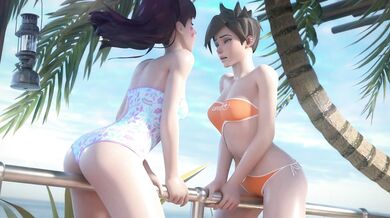 The sexy adventurers Tracer and Dva hit the beach in their swanky pod for some fun in the sun Their bikinis are about to get wet!