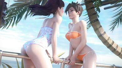 The sexy adventurers Tracer and Dva hit the beach in their swanky pod for some fun in the sun Their bikinis are about to get wet!