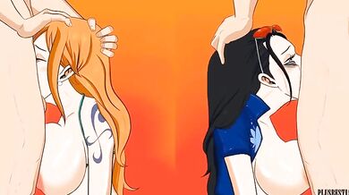 Watch Nami and Robin from One Piece get their mouths full of cum in this blowjob hentai video!