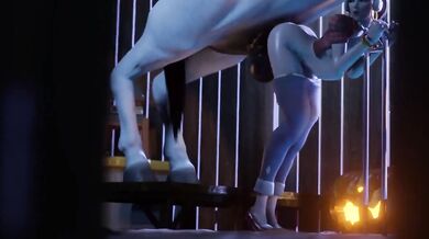 The sexy cyborg, Dva, rides the muscular horse-like crusier in a wild and passionate threesome!