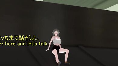 A young girl is caught pleasuring herself in public while her dog watches with a tilted head