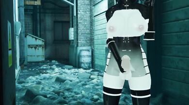 Sexy Futanari with Long Black Hair and Big Tits in Back Alley [Pornographic]