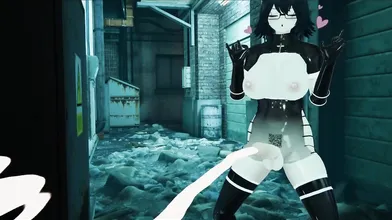 Sexy Futanari with Long Black Hair and Big Tits in Back Alley [Pornographic]