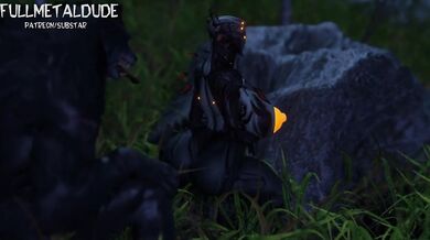 A werewolf and a female FEM-bot named Oberon [FullMetalDude] having an erotic encounter without any sound in the background