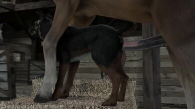 A female canine dog and a male stallion horse have intercourse, resulting in a litter of wolf-like pups born in the land known as Wolfland