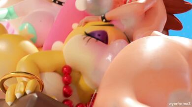 Watch two horny girls share a hot double cream pie while getting fucked hard in every hole by two studs!