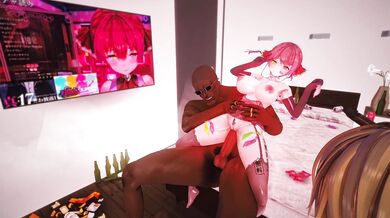 "Three horny men fuck the sexy Marine, Houshou, in every hole!"