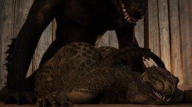 Argonian werewolf gets down and dirty with hot human girl in the woods