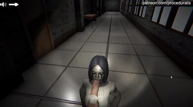 The willowy seductress sucks away in the empty school corridor