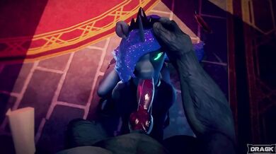 A human girl named Luna, who is transformed into a pony by an evil sorceress, receives a blowjob from her former lover, Dragk