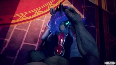 A human girl named Luna, who is transformed into a pony by an evil sorceress, receives a blowjob from her former lover, Dragk