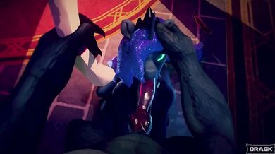 A human girl named Luna, who is transformed into a pony by an evil sorceress, receives a blowjob from her former lover, Dragk