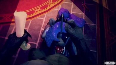 A human girl named Luna, who is transformed into a pony by an evil sorceress, receives a blowjob from her former lover, Dragk