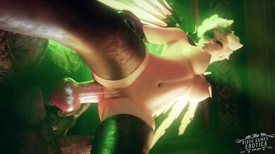 A naked werewolf woman in a mercy pose, captured by a camera for an erotica video