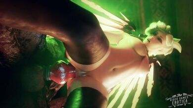 A naked werewolf woman in a mercy pose, captured by a camera for an erotica video