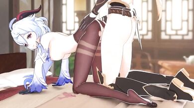Watch as Ganyu takes Aether from behind on a bed while fucking her doggy-style in this hentai porn video