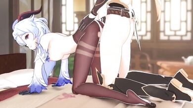 Watch as Ganyu takes Aether from behind on a bed while fucking her doggy-style in this hentai porn video