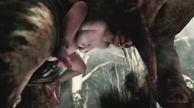 The sorceress Triss Merigold and the dwarven warrior Chort engage in a steamy threesome with a mysterious entity that is neither human nor elf