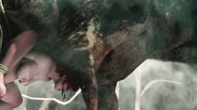 The sorceress Triss Merigold and the dwarven warrior Chort engage in a steamy threesome with a mysterious entity that is neither human nor elf