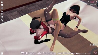 Eliza and Tifa in Latex Gloves and Stockings Scissoring Each Other