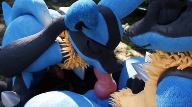 Two female Lucarios find pleasure in sucking on each others tongues while surrounded by the beauty of nature