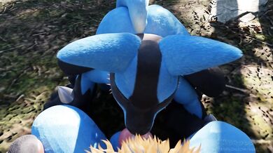 Two female Lucarios find pleasure in sucking on each others tongues while surrounded by the beauty of nature