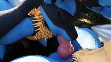 Two female Lucarios find pleasure in sucking on each others tongues while surrounded by the beauty of nature