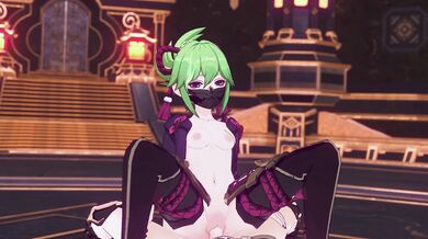 Two young ninjas, Kuki and Shinobu, are caught in a heated moment of passion as they ride on top of each other