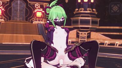 Two young ninjas, Kuki and Shinobu, are caught in a heated moment of passion as they ride on top of each other