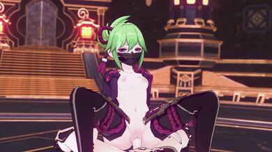 Two young ninjas, Kuki and Shinobu, are caught in a heated moment of passion as they ride on top of each other