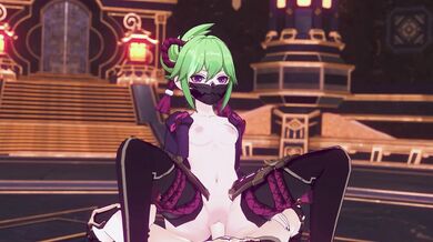 Two young ninjas, Kuki and Shinobu, are caught in a heated moment of passion as they ride on top of each other