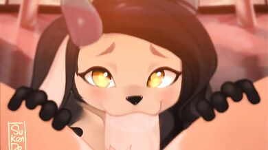 A hot girl is sucking the cock of a mysterious guy with a furkendon over his face in a dark room, and it feels so good that she cant stop moaning