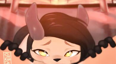 A hot girl is sucking the cock of a mysterious guy with a furkendon over his face in a dark room, and it feels so good that she cant stop moaning