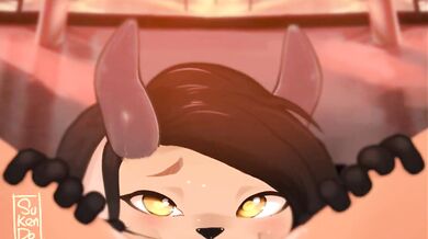 A hot girl is sucking the cock of a mysterious guy with a furkendon over his face in a dark room, and it feels so good that she cant stop moaning