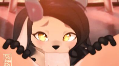 A hot girl is sucking the cock of a mysterious guy with a furkendon over his face in a dark room, and it feels so good that she cant stop moaning