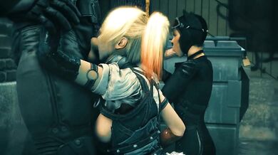 The sexy Harley Quinn and Catwoman engage in a steamy blowjob session with a kawaii detective enthusiast