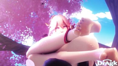 Rebecca, a miko priestess, rides on the powerful dragon Hilichurls as he swoops through the skies