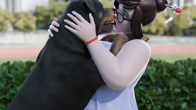 Mei Lovingly Kisses Her Furry Companion