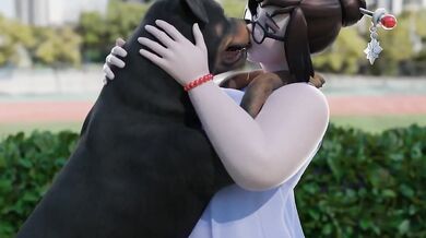 Mei Lovingly Kisses Her Furry Companion