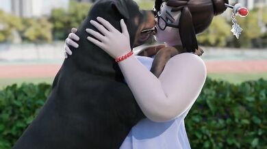 Mei Lovingly Kisses Her Furry Companion